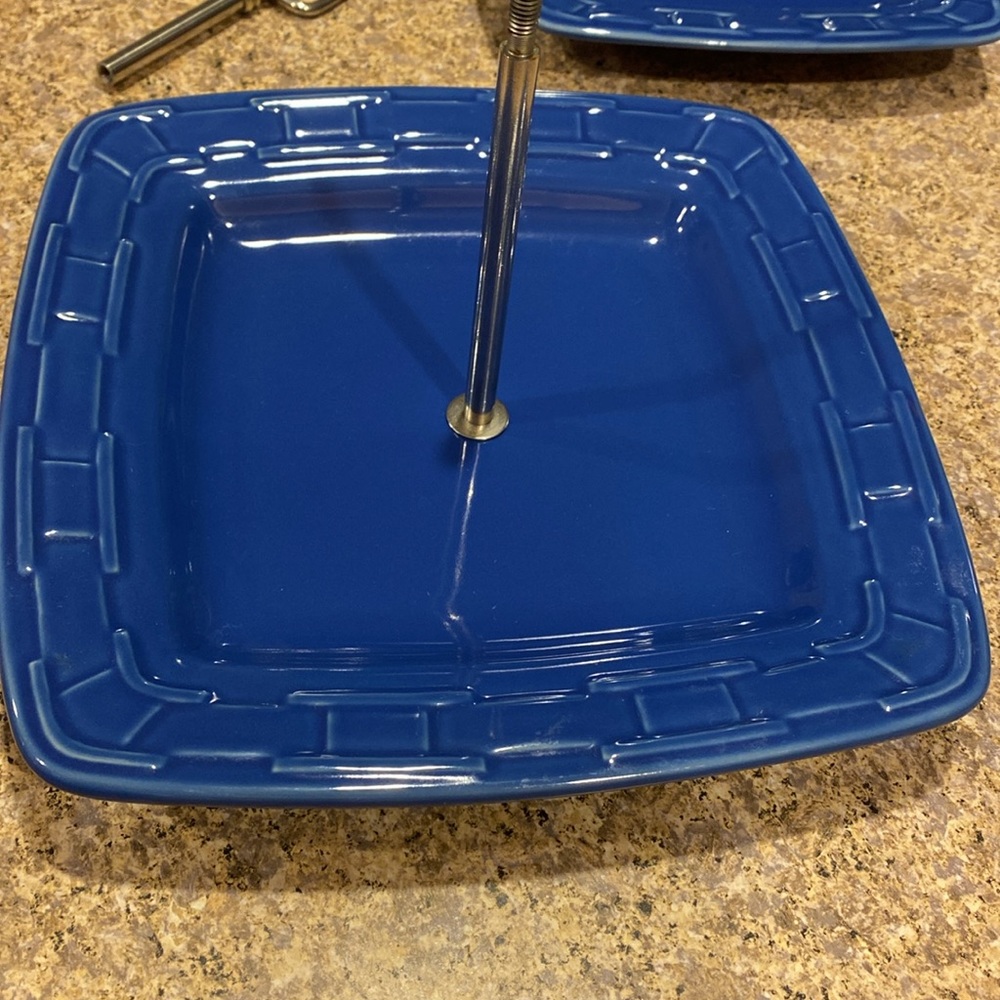 Longaberger Two Tier Dessert Serving Tray Woven Traditions Cornflower Pottery - Picture 8 of 17